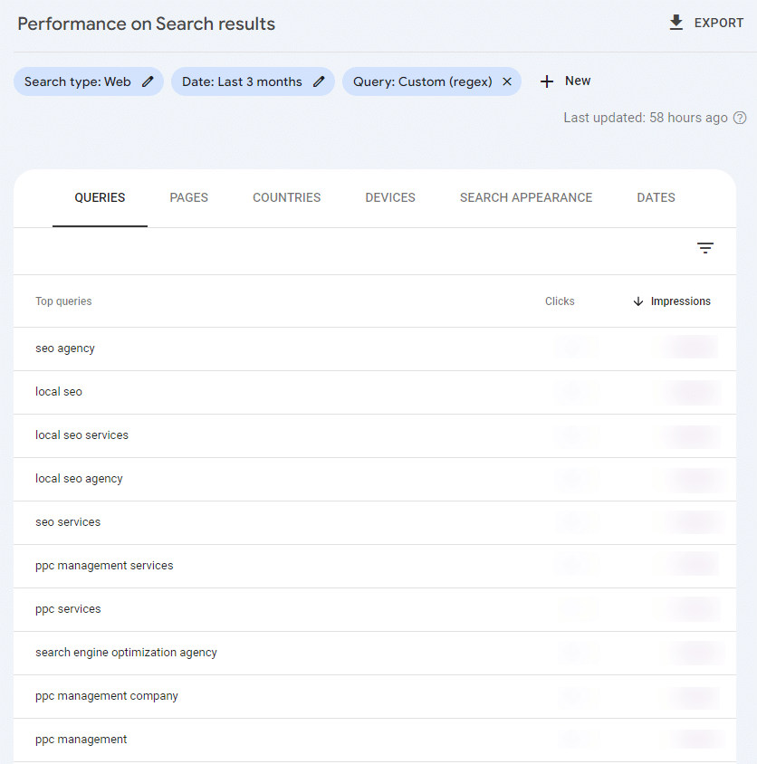 Screenshot of top non-branded queries in Google Search Console.