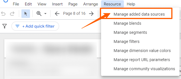 Screenshot of a Resources drop down menu with a red box and arrow pointing to "Manage added data sources."