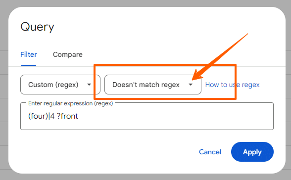 Screenshot of a Query pop up box with a red box and arrow pointing to "doesnt' match regex."
