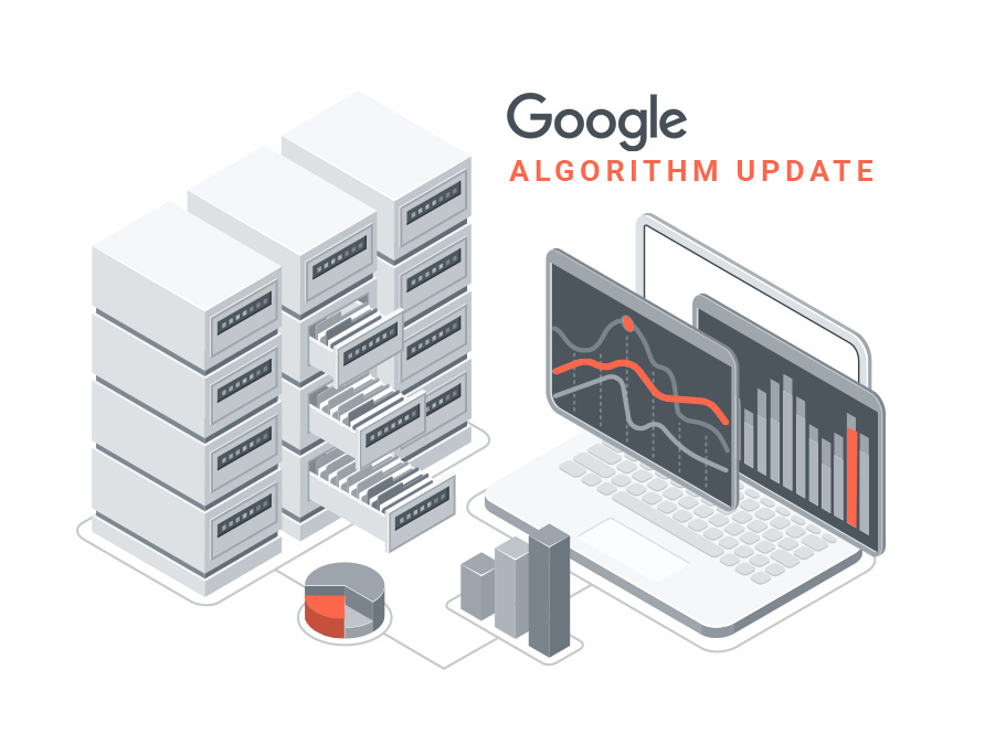 Google algorithm update image, with servers and a laptop