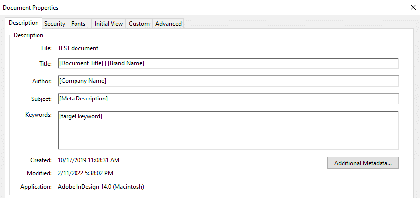 Screenshot of a document properties window in Adobe Acrobat.