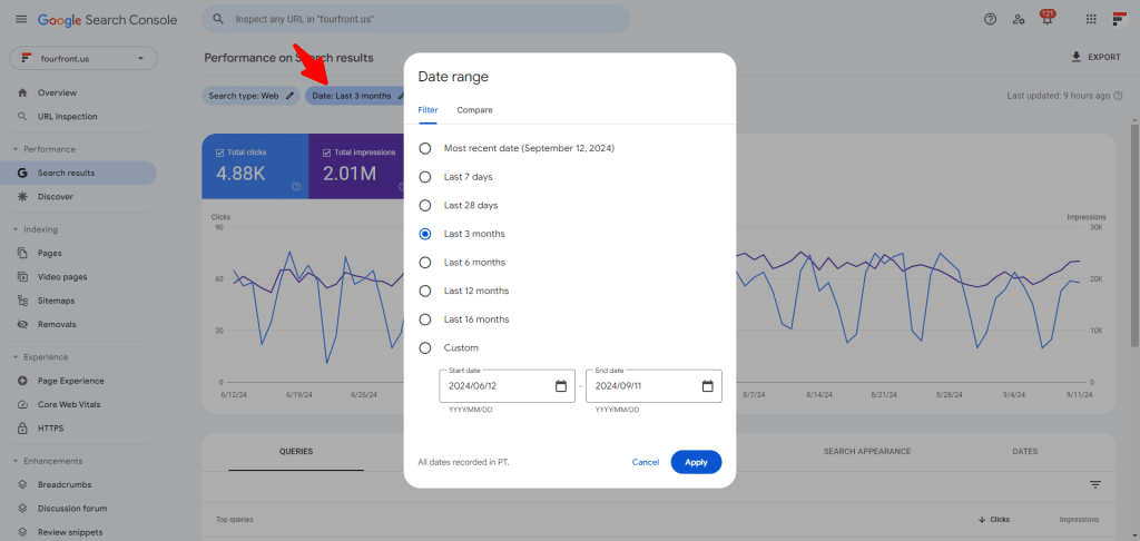 GSC date range selector.