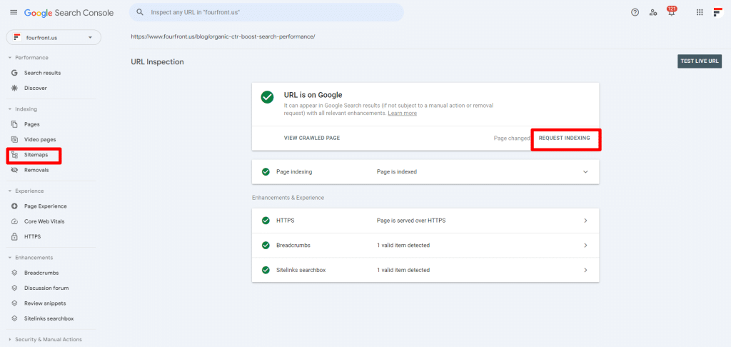 Screenshot of Google Search Console highlighting sitemap submission and page indexing function.