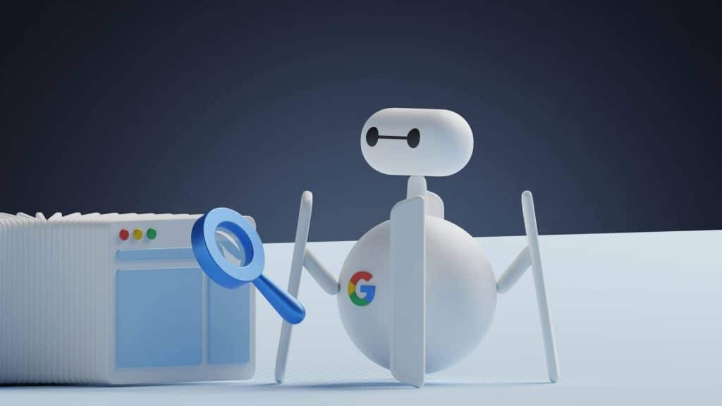 Google bot with a magnifying glass looking at webpages.