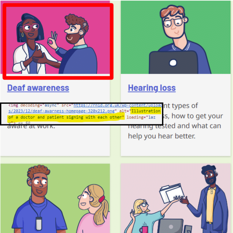 Infographic highlighting the effective use of alt text on a graphic illustration of a doctor and patient signing to one another.