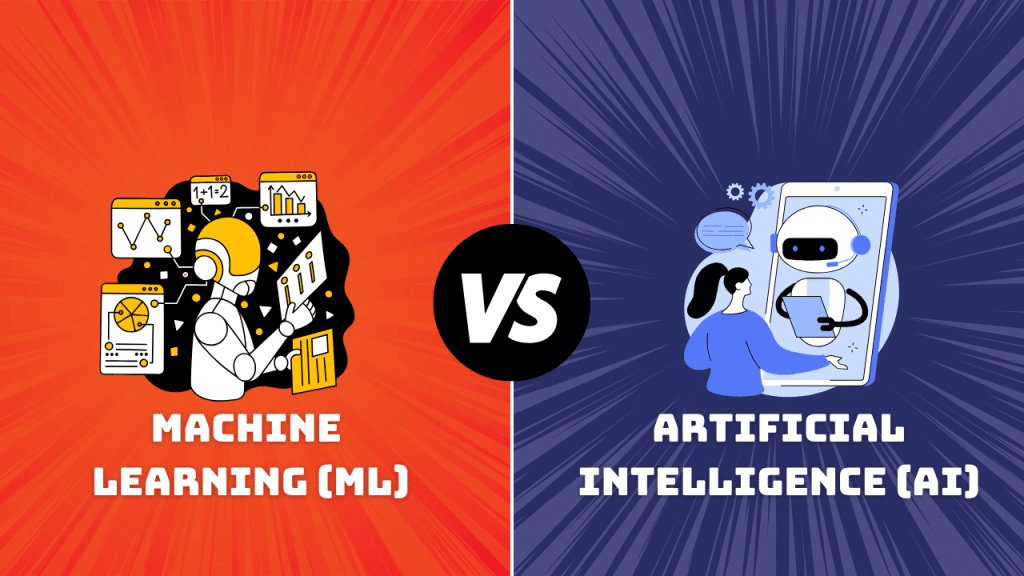 Graphic comparing Machine Learning (ML) on an orange background with Artificial Intelligence (AI) on a blue background, separated by a 'VS' icon.