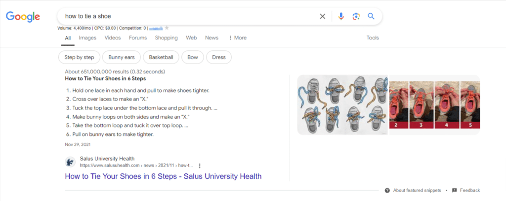 Screenshot of a featured snippet for the query "How to tie a shoe".